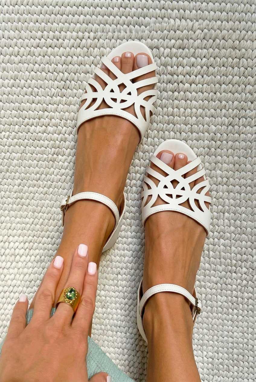 Laser Cut Round Toe Ankle Strap Flat Sandals [Pre Order]