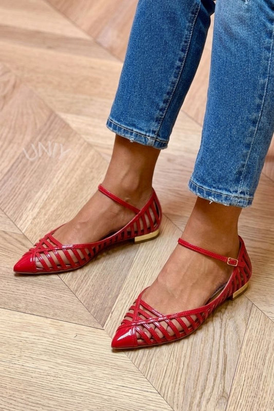Elegantes bailarinas Mary Jane rojas de charol con aberturas y punta afilada [Preventa]
