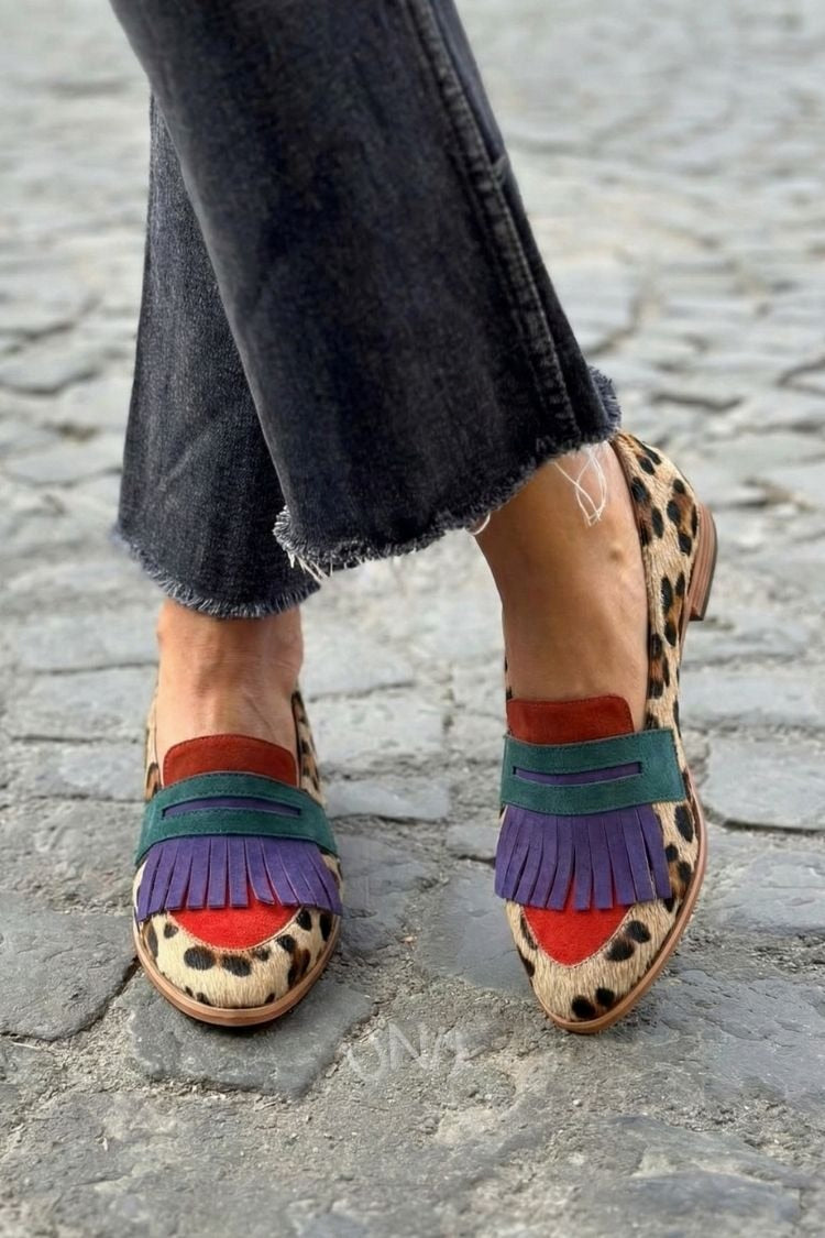Mocassins décontractés vintage à franges avec imprimé léopard [Précommande]