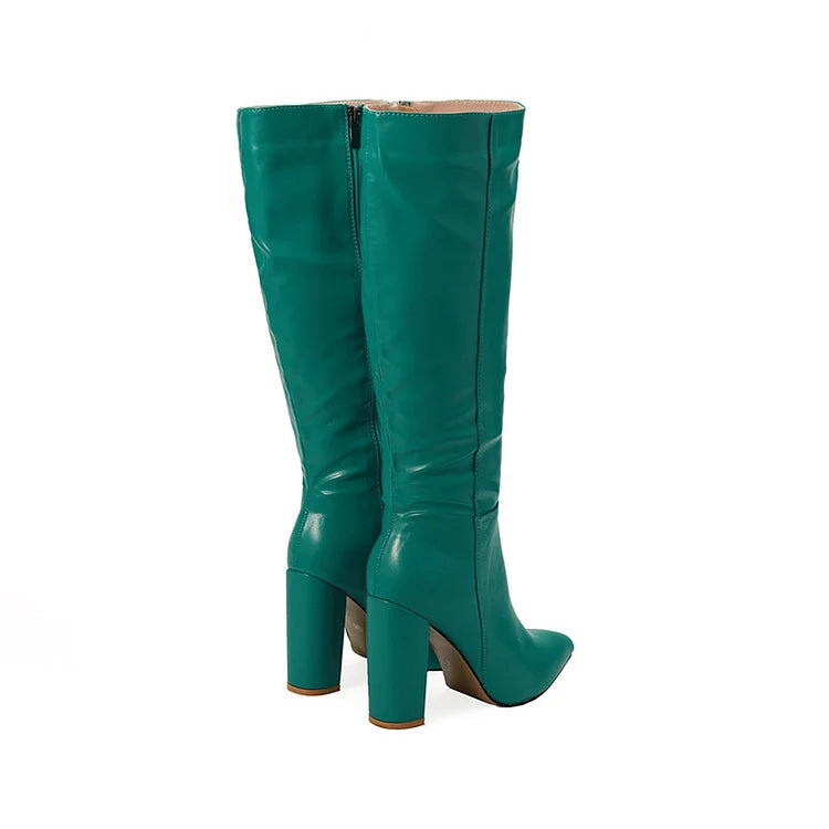 Patchwork Chunky Heel Solid Color Zipper Pointed Toe Knee High Boots