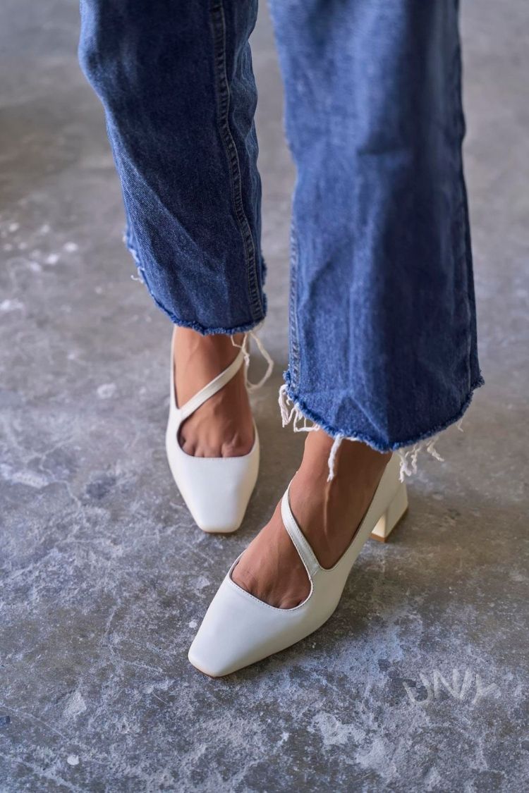 Minimalist Off-White Square Toe Asymmetric Strap Block Heels [Pre Order]