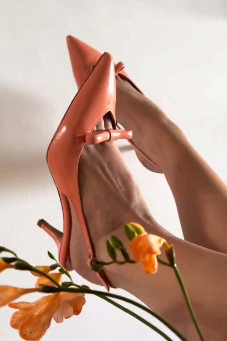 Pointed Toe Bow Detail Hollow Solid Color Slingback Mid Heels [Pre Order]