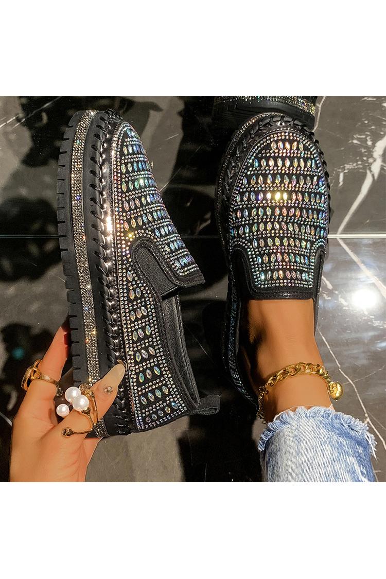 Strassverzierung Steppdetail Rundzehen Freizeit Plateau Loafers