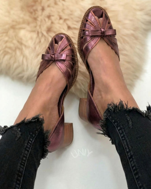 Retro Purple Bow Strappy Peep Toe Block Heel Sandals [Pre Order]