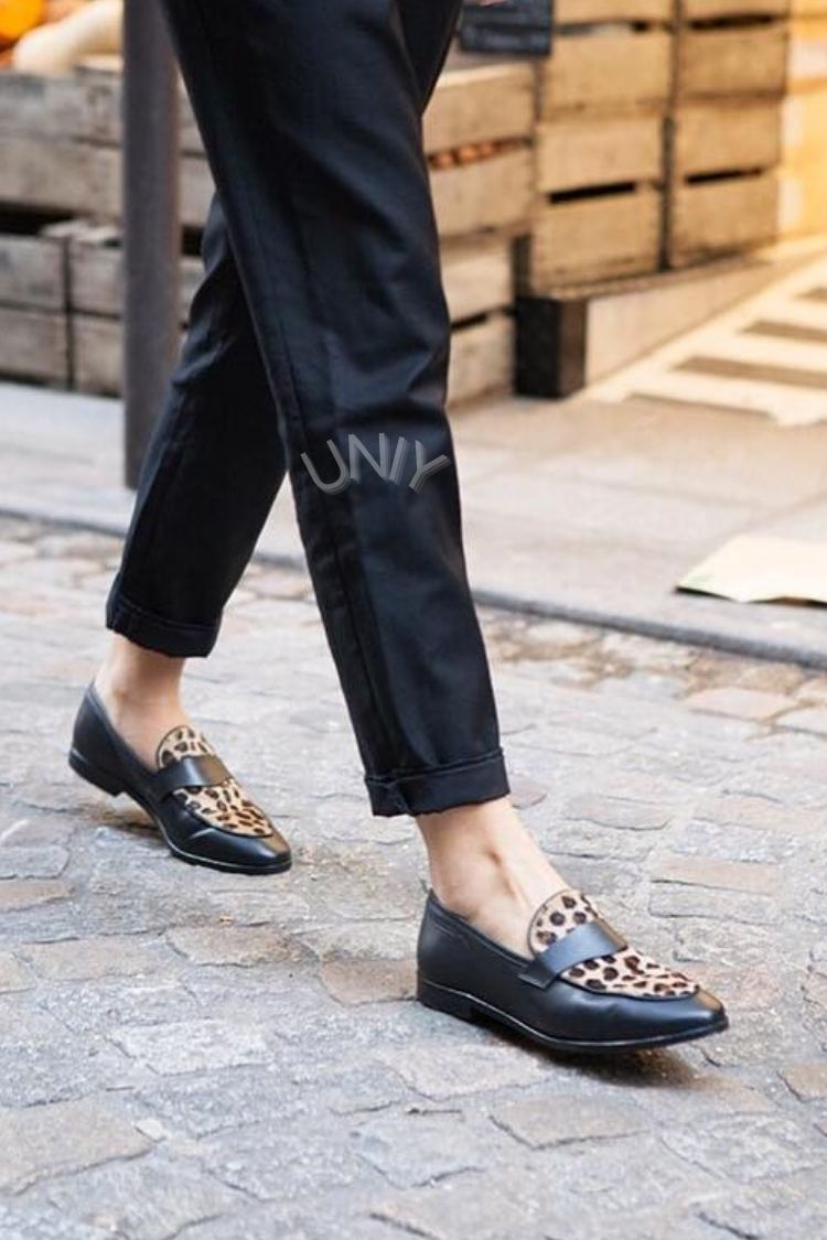Mocasines de Penny de Pelo Sintético con Estampado de Leopardo Negro Elegante [Reserva]