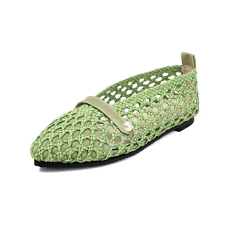 Patchwork Hollow Out Fishnet Instep Strap Pointed Toe Flats