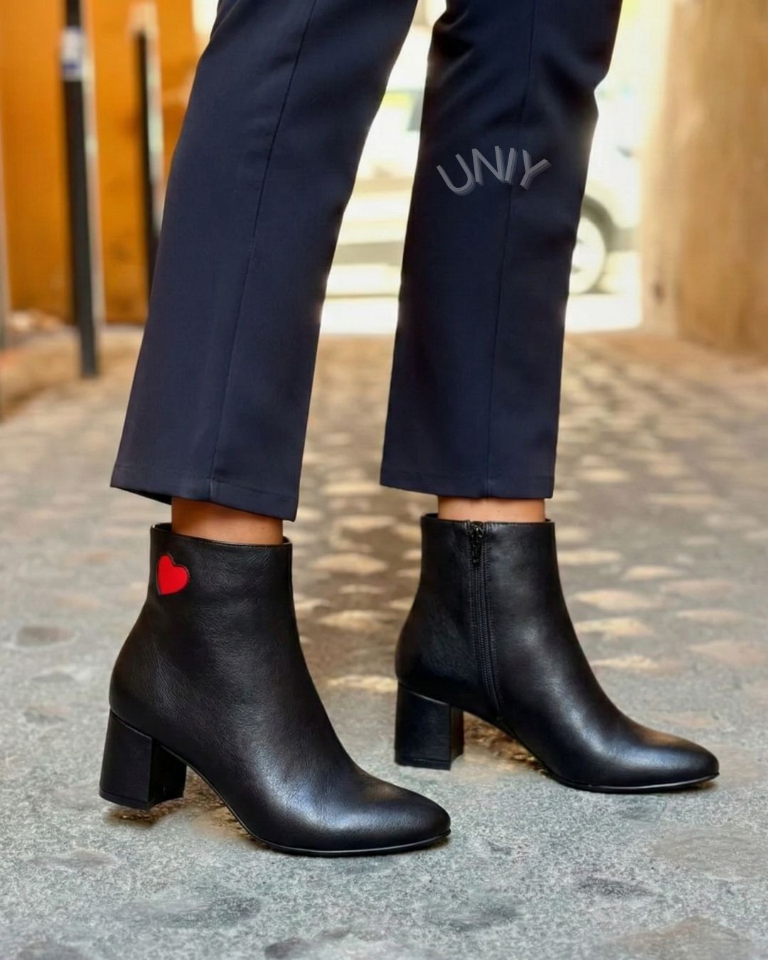 Chic Black Leather Block Heel Red Heart Accent Ankle Boots [Pre Order]