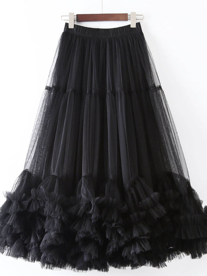 Elegant Tulle Stretch Waist Paneled Pleated Maxi Skirt