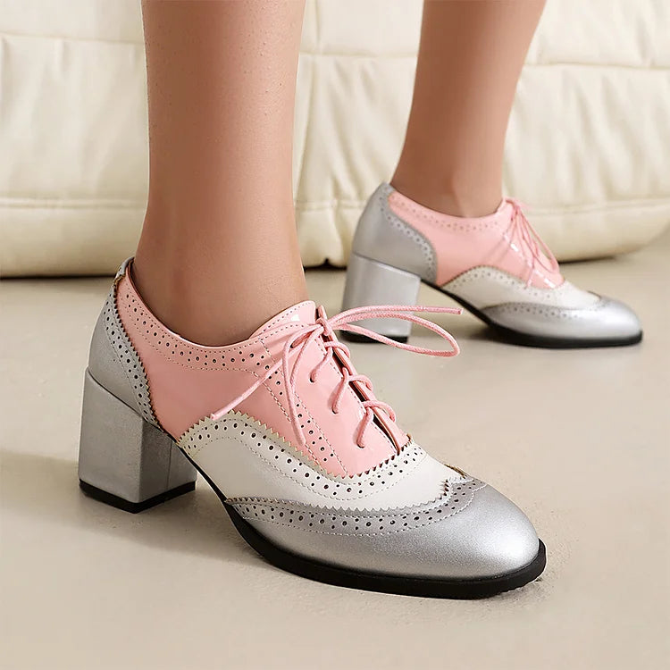 Scarpe Oxford Brogue con Tacco Grosso e Lacci, Punta Rotonda e Patchwork Color Block 