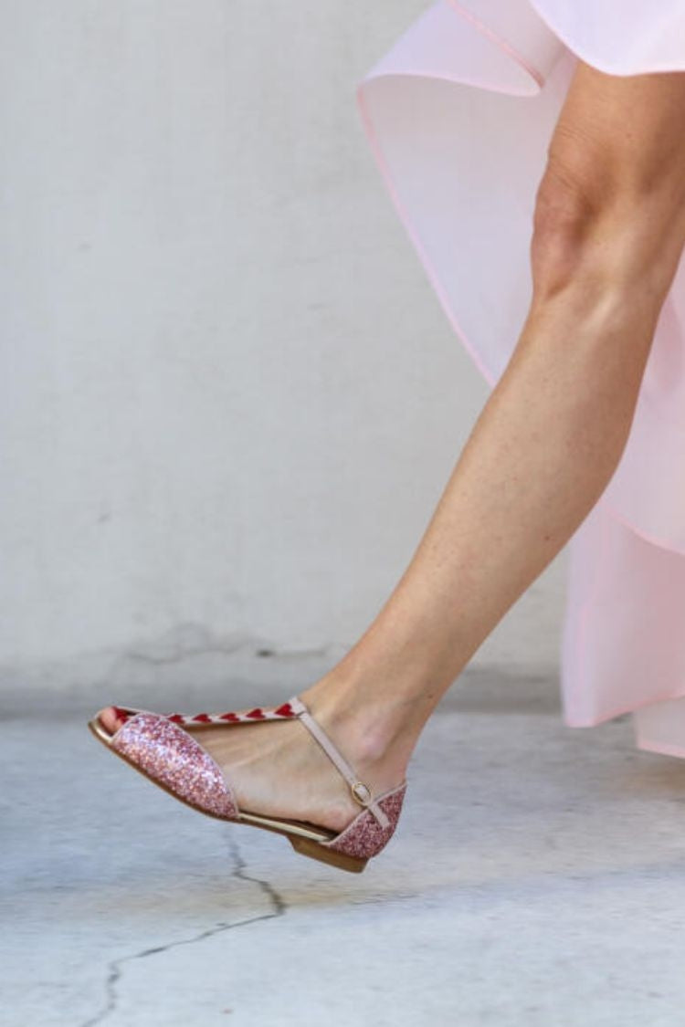 Pink Glitter Peep Toe T-Strap Red Heart Summer Sandals [Pre Order]