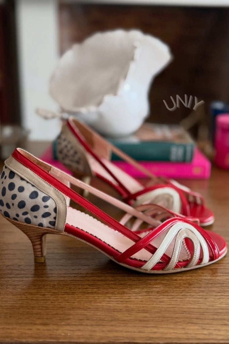 Red Beige Color Block Peep Toe Slingback Sandals [Pre Order]