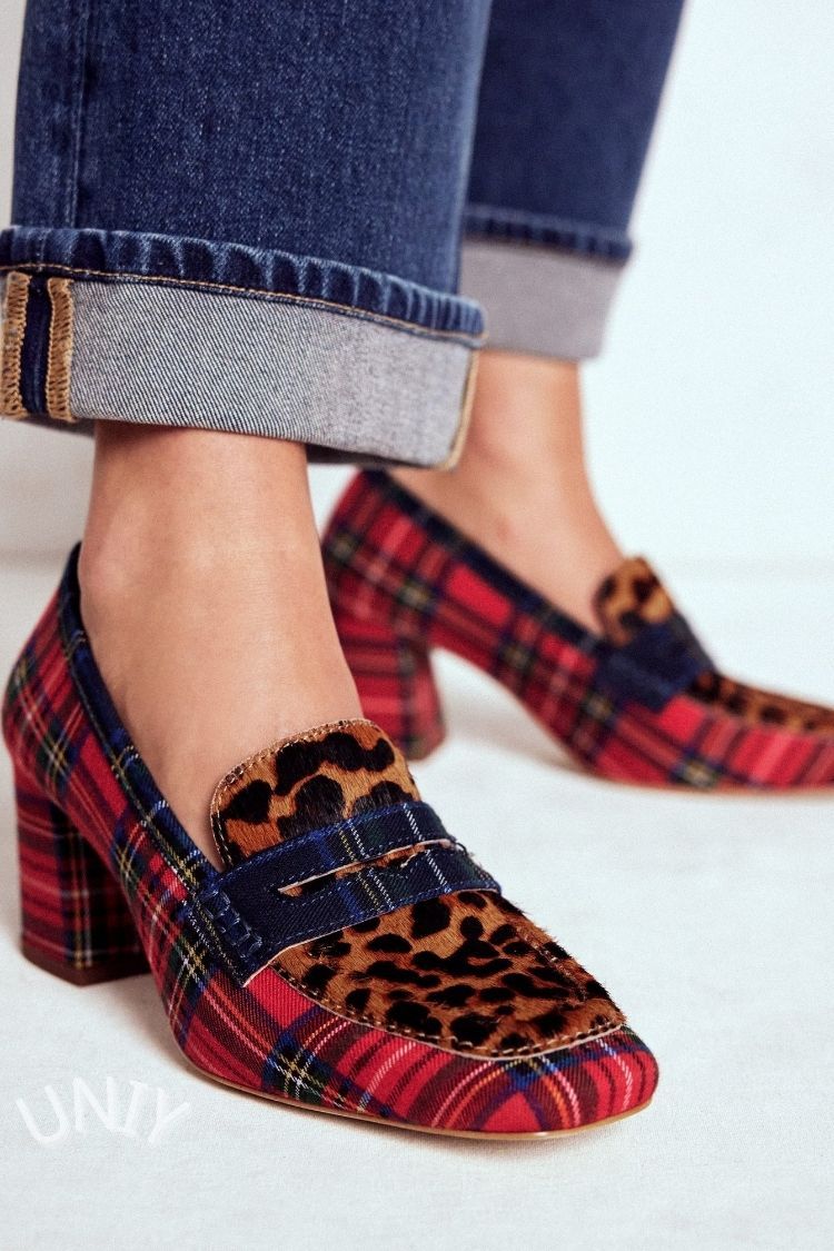 Scarpe con tacco a blocco e stampa leopardata a quadri rossi [Pre-ordine]