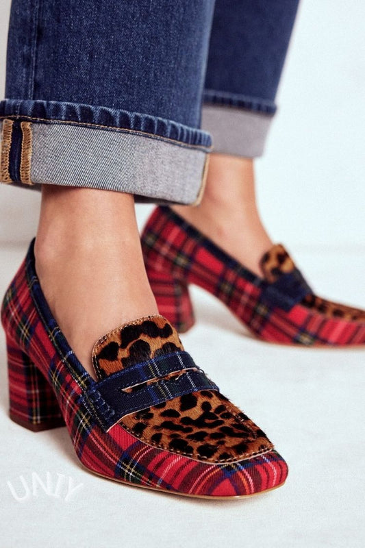 Scarpe con tacco a blocco e stampa leopardata a quadri rossi [Pre-ordine]