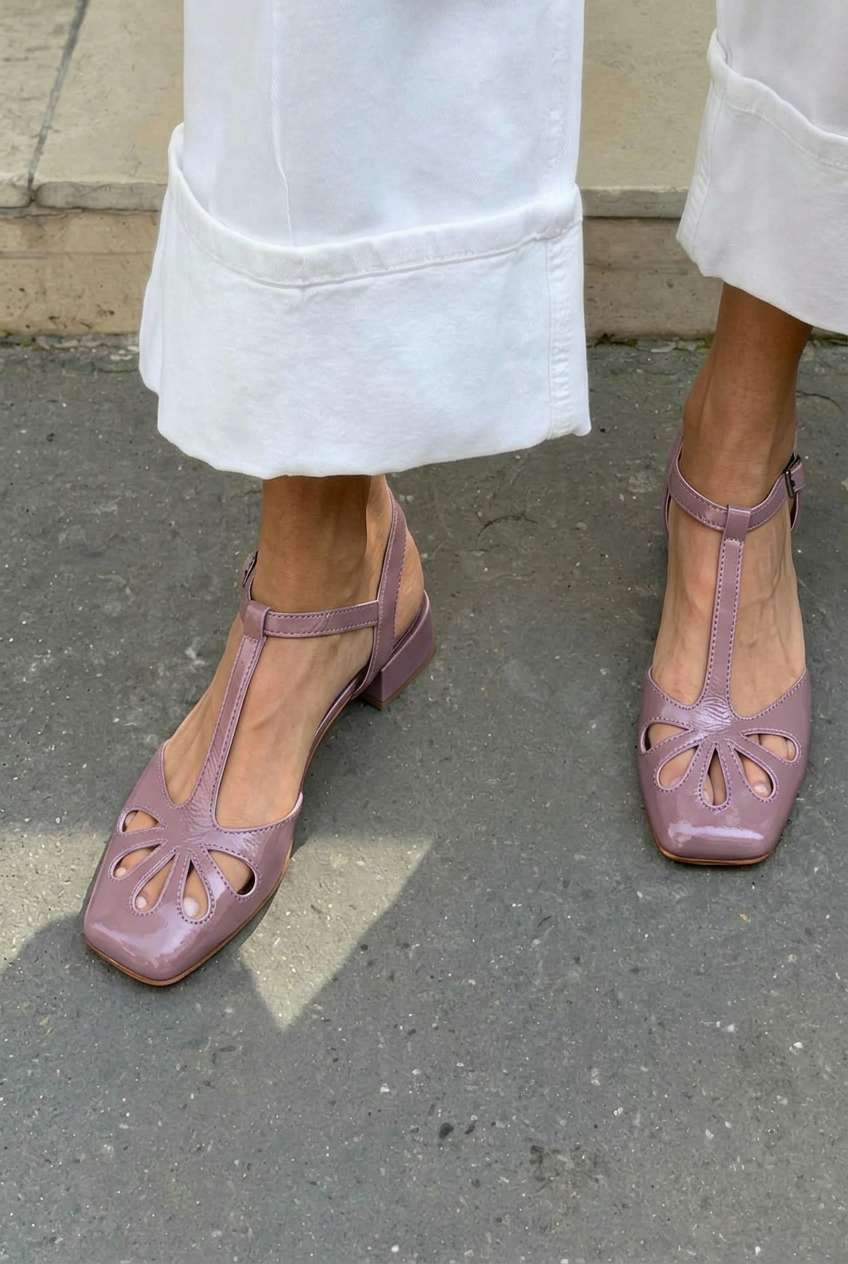 Floral Cutout Square Toe T-Strap Orange Block Heels
