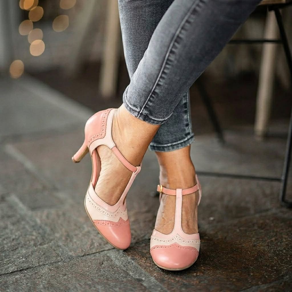 Vintage Brogue Round Toe T-Strap Pink Mid Heels [Pre Order]