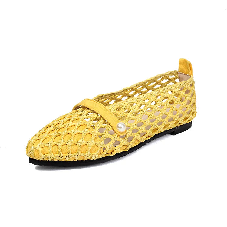 Patchwork Hollow Out Fishnet Instep Strap Pointed Toe Flats