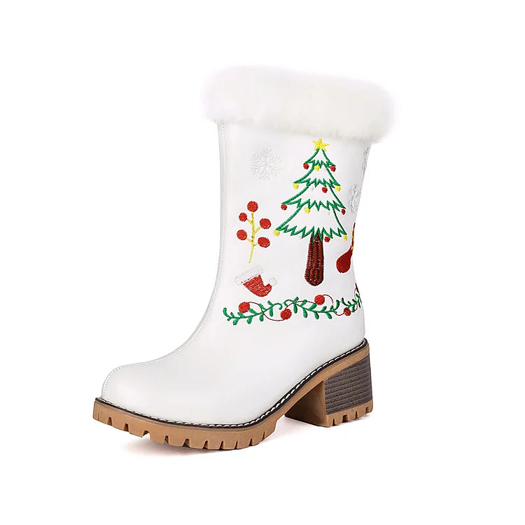 Flauschige Samt-Mittelstiefel mit runder Zehenpartie und klobigem Absatz mit Weihnachtsbaum-Stickerei