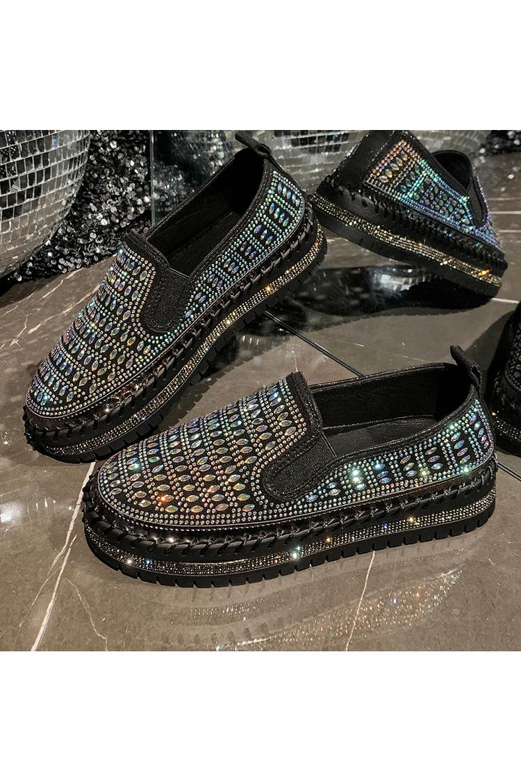 Strassverzierung Steppdetail Rundzehen Freizeit Plateau Loafers