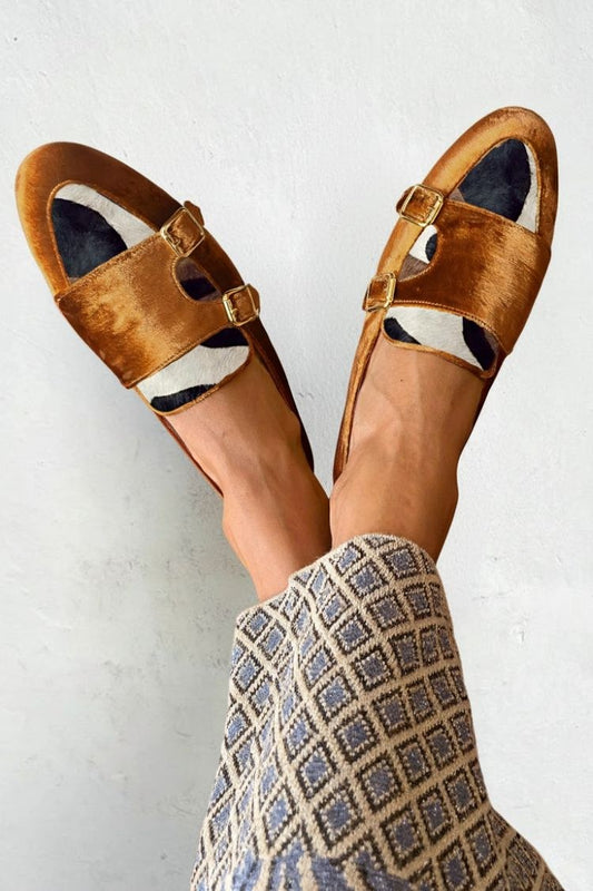 Camel Kuhfell Patchwork Schnalle Rundzehen Loafers [Vorbestellung]