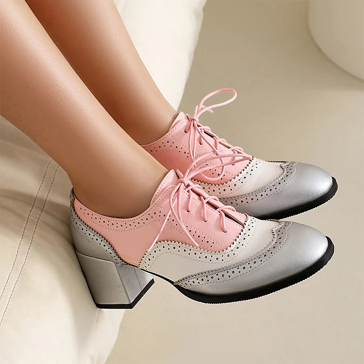 Scarpe Oxford Brogue con Tacco Grosso e Lacci, Punta Rotonda e Patchwork Color Block 