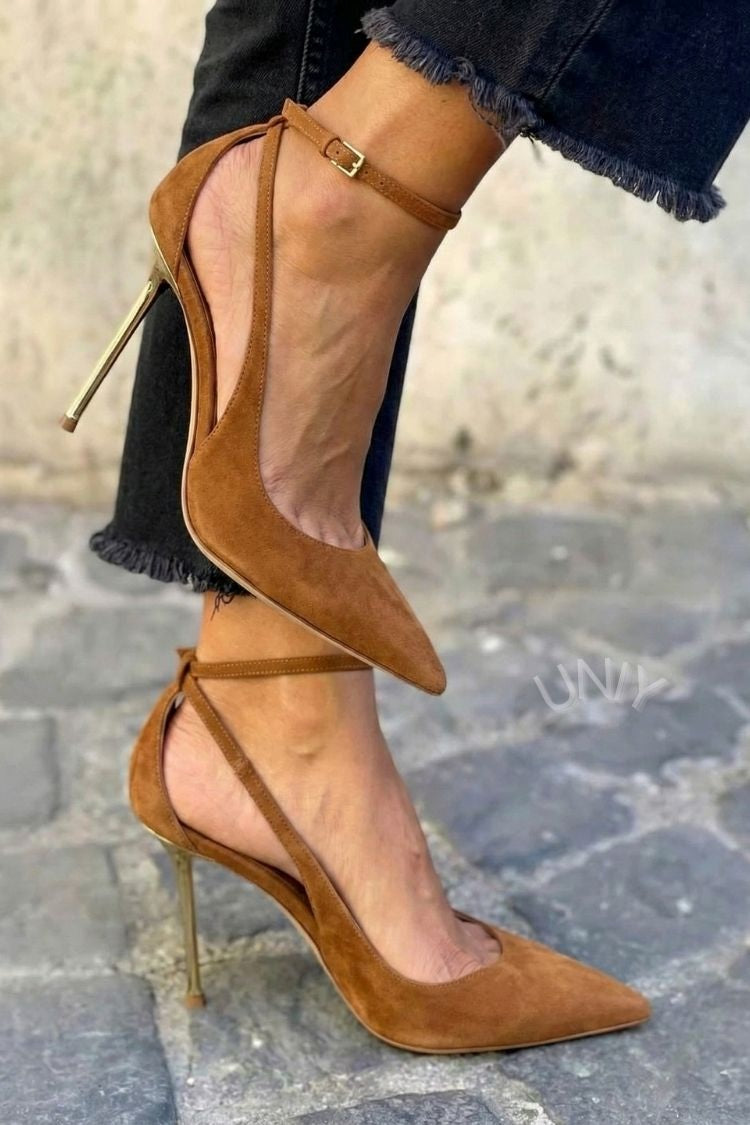 Vintage Faux Suede Cutout Pointed Toe Metallic Stiletto Heels [Pre Order]