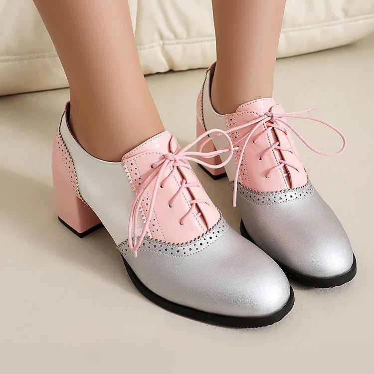 Lace Up Colorblock Round Toe Chunky Heel Brogue Oxfords