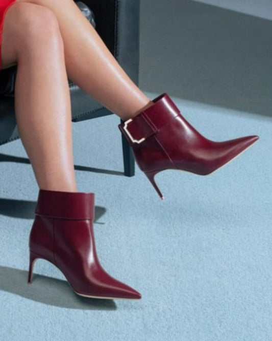 Burgundy Pointed Toe Buckle Stiletto Ankle Boots [Pre Order]