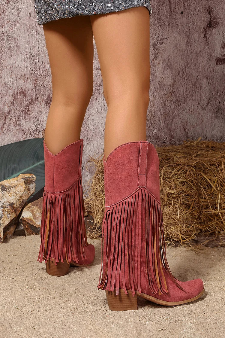 Fringed Trim Solid Color Pointed Toe Chunky Heel Mid Calf Boots