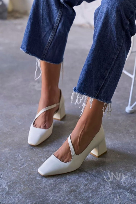 Minimalist Off-White Square Toe Asymmetric Strap Block Heels [Pre Order]