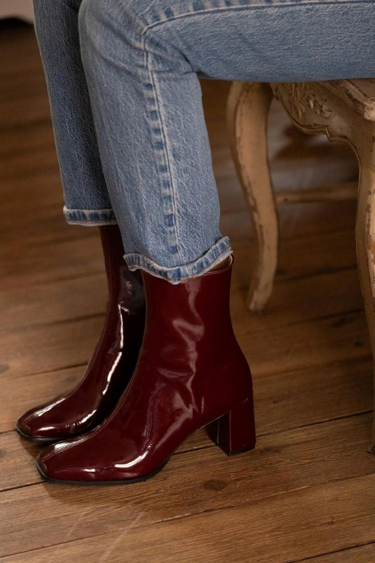 Square Toe Patchwork Patent Versatile Block Heel Ankle Boots [Pre Order]