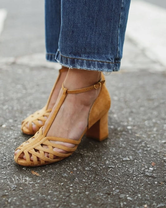 Yellow Suede T-Strap Woven Peep Toe Block Heel Sandals [Pre Order]