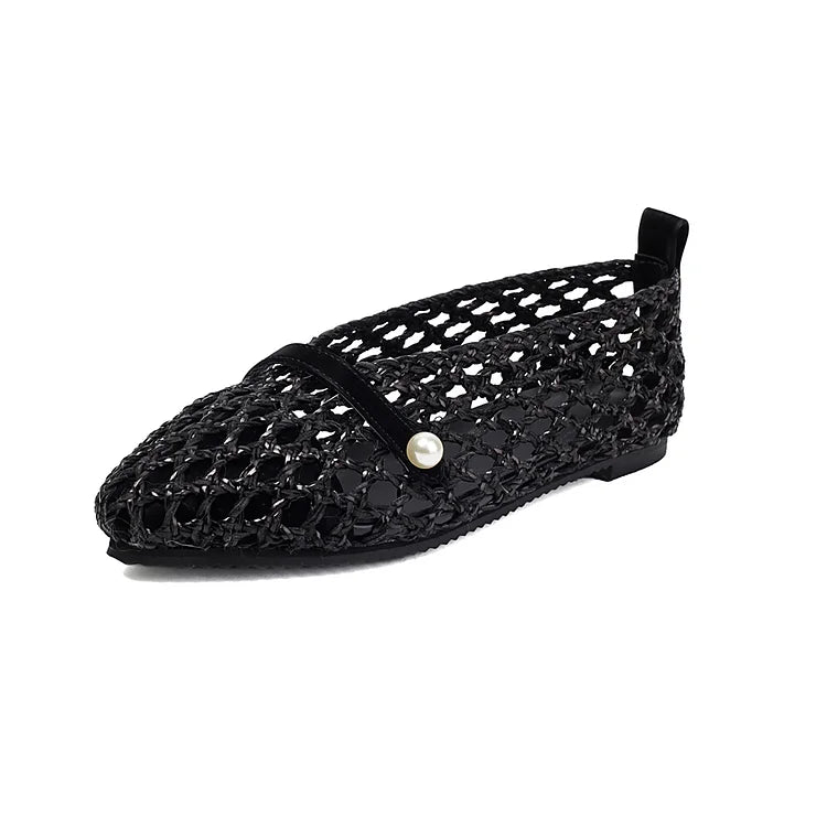 Patchwork Hollow Out Fishnet Instep Strap Pointed Toe Flats