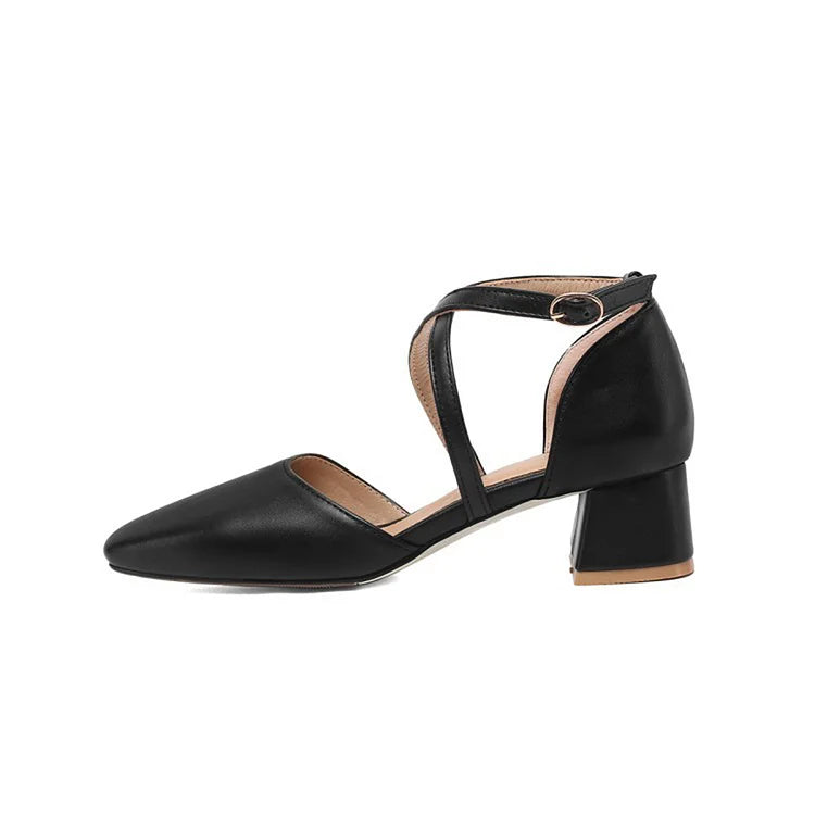 Scarpe con tacco grosso, punta quadrata, fibbia e cinturino incrociato, tinta unita