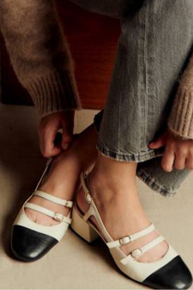 Dwukolorowe skórzane baleriny Mary Jane z podwójnym paskiem i czubkiem w stylu cap toe [Przedsprzedaż]