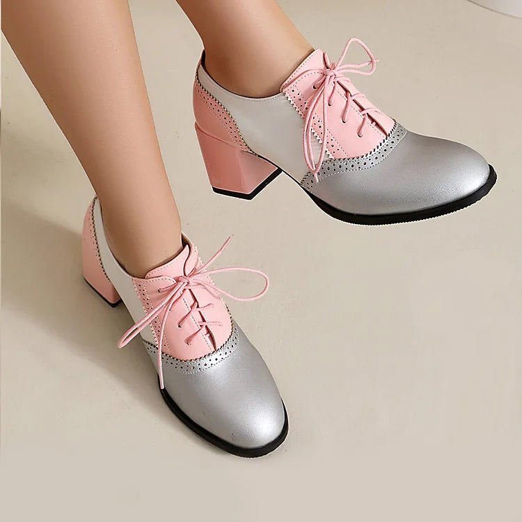 Lace Up Colorblock Round Toe Chunky Heel Brogue Oxfords