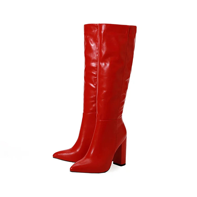 Patchwork Chunky Heel Solid Color Zipper Pointed Toe Knee High Boots