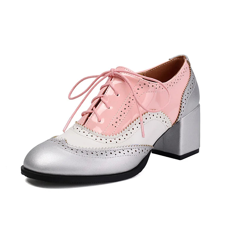 Scarpe Oxford Brogue con Tacco Grosso e Lacci, Punta Rotonda e Patchwork Color Block 