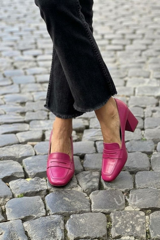 Minimalist Magenta Square Toe Block Heel Loafers