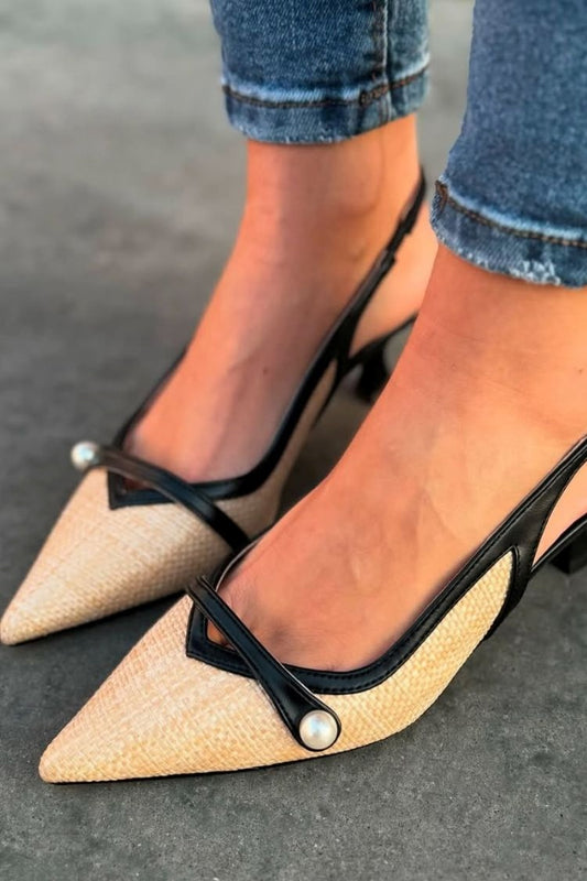 Colorblock Perlen Spitz Zehen Offen-Rücken Elegante Mittelhohe Absätze [Vorbestellung]