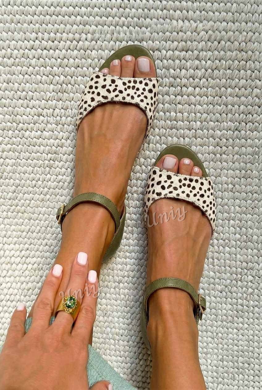 Spotted Animal Print Open Toe Ankle Strap Flat Sandals [Pre Order]