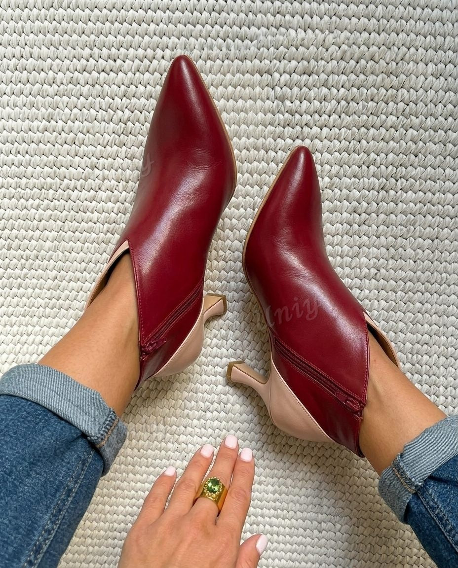 V-Cut Pointed Toe Side Zip Kitten Heel Booties [Pre Order]