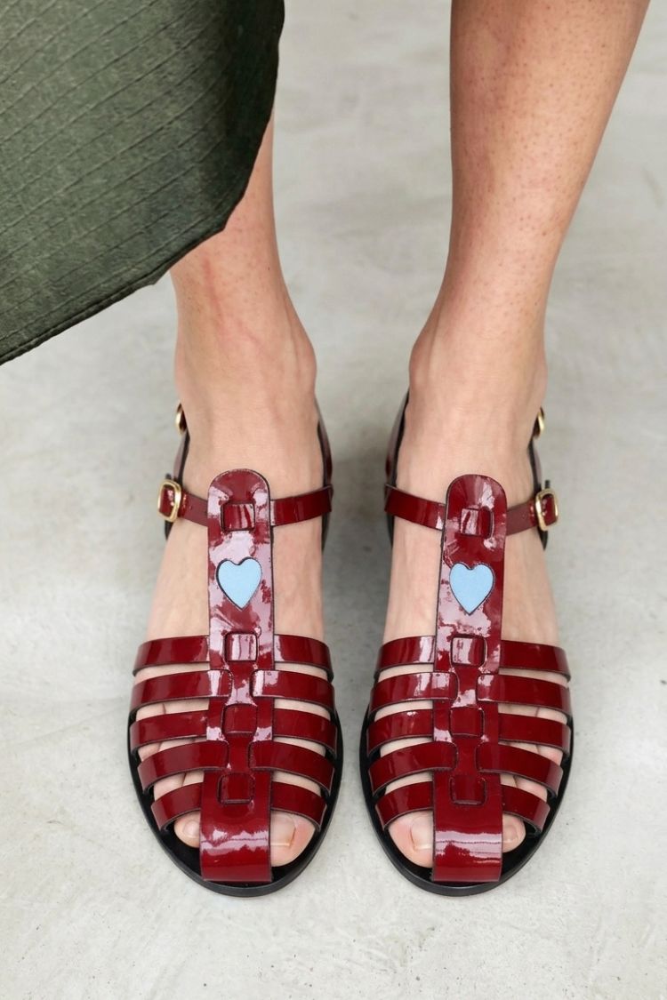 Burgundy Patent Leather Blue Heart Cut-Out Sandals [Pre Order]