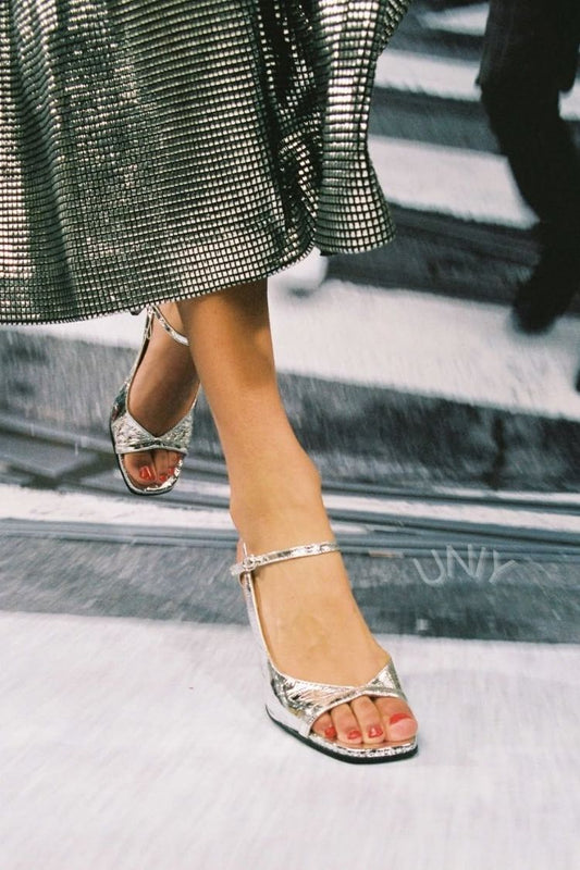 Stylish Silver Metallic Embossed Ankle Strap Evening Sandals [Pre Order]