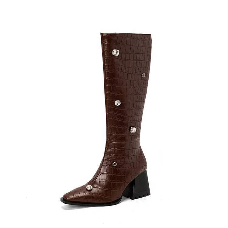 Snake Print Rhinestone Decor Pointed Toe Chunky Heel Knee High Boots