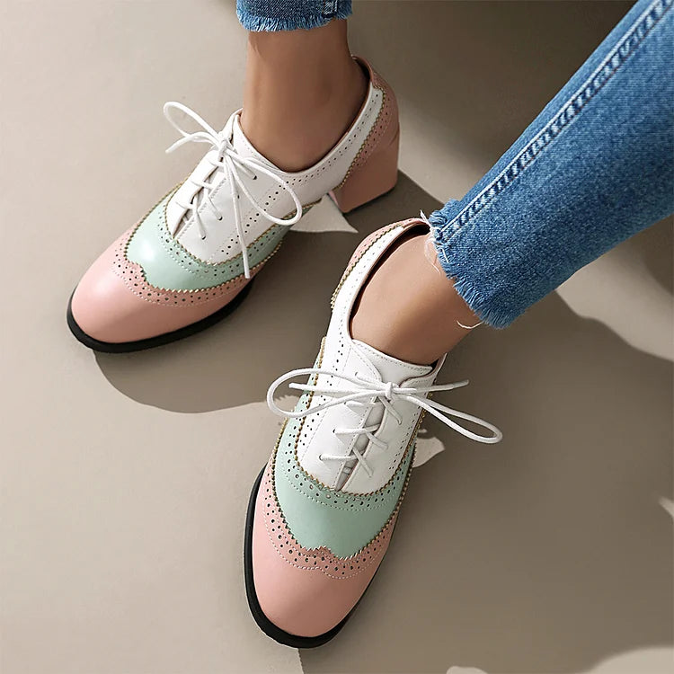 Scarpe Oxford Brogue con Tacco Grosso e Lacci, Punta Rotonda e Patchwork Color Block 