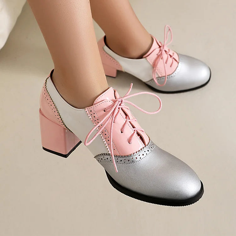 Lace Up Colorblock Round Toe Chunky Heel Brogue Oxfords