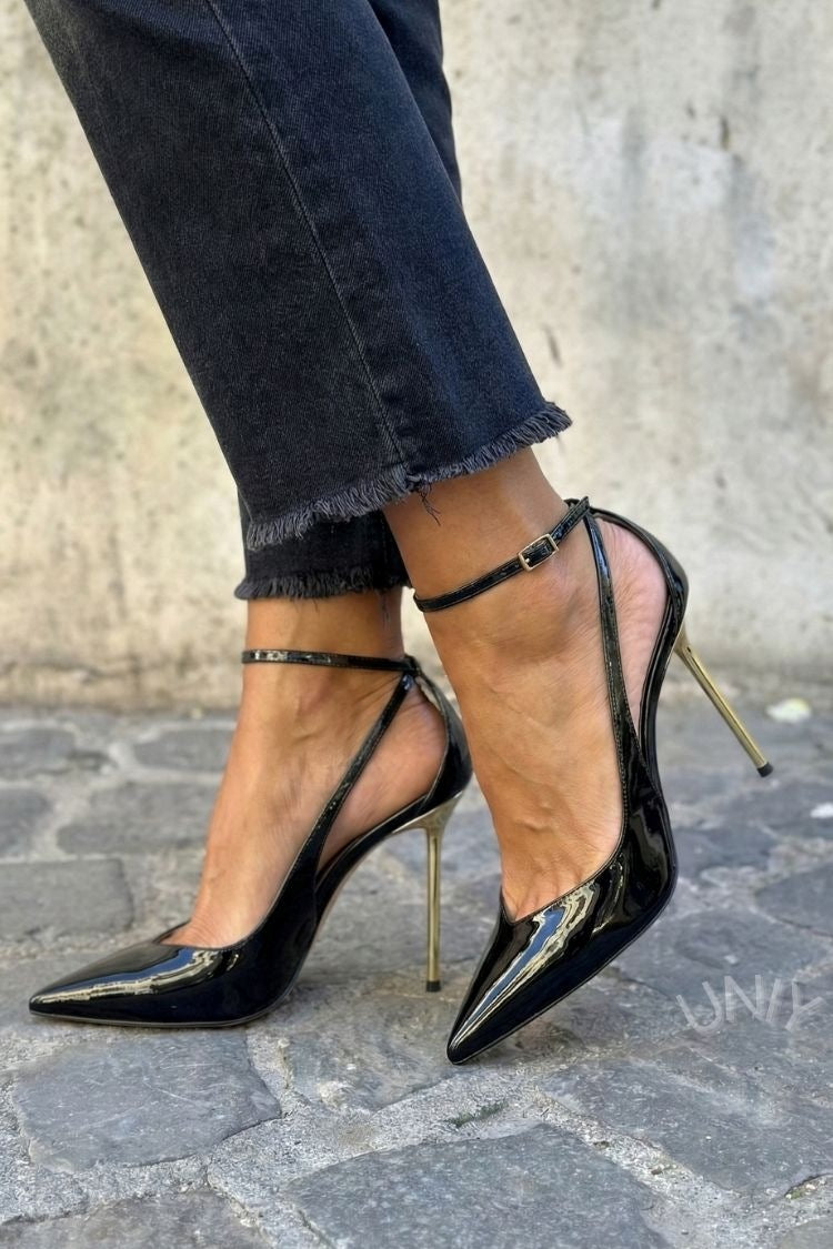 Black Patent Leather Pointed Toe Metallic Stiletto Heels [Pre Order]