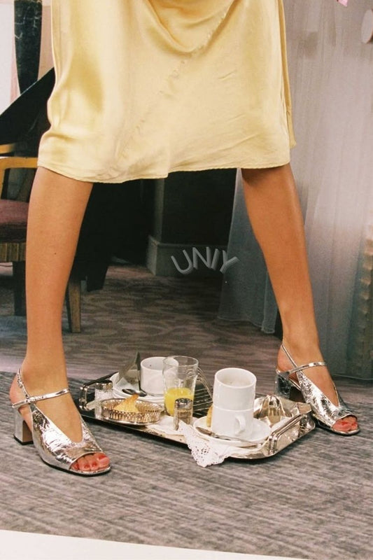 Stylish Silver Shiny Textured Block Heel Slingback Heels [Pre Order]