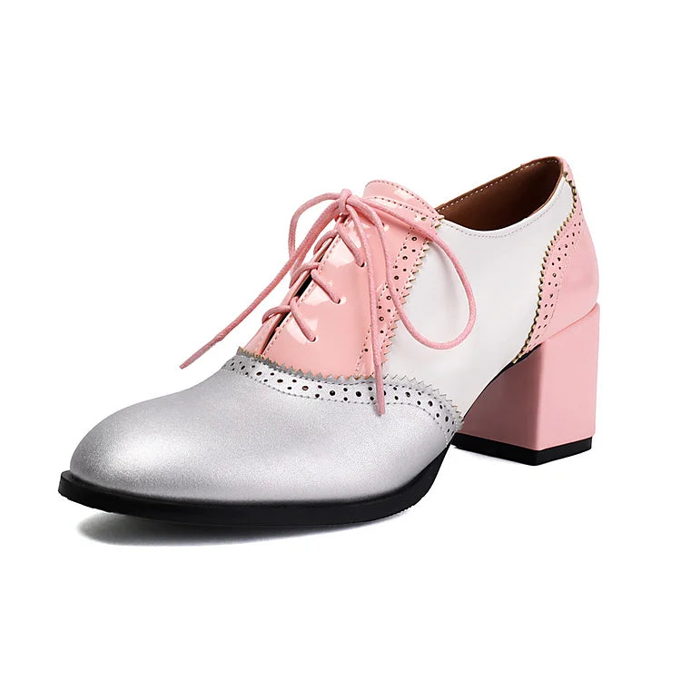 Lace Up Colorblock Round Toe Chunky Heel Brogue Oxfords