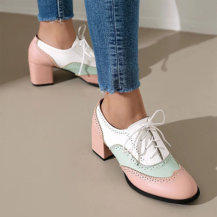 Scarpe Oxford Brogue con Tacco Grosso e Lacci, Punta Rotonda e Patchwork Color Block 